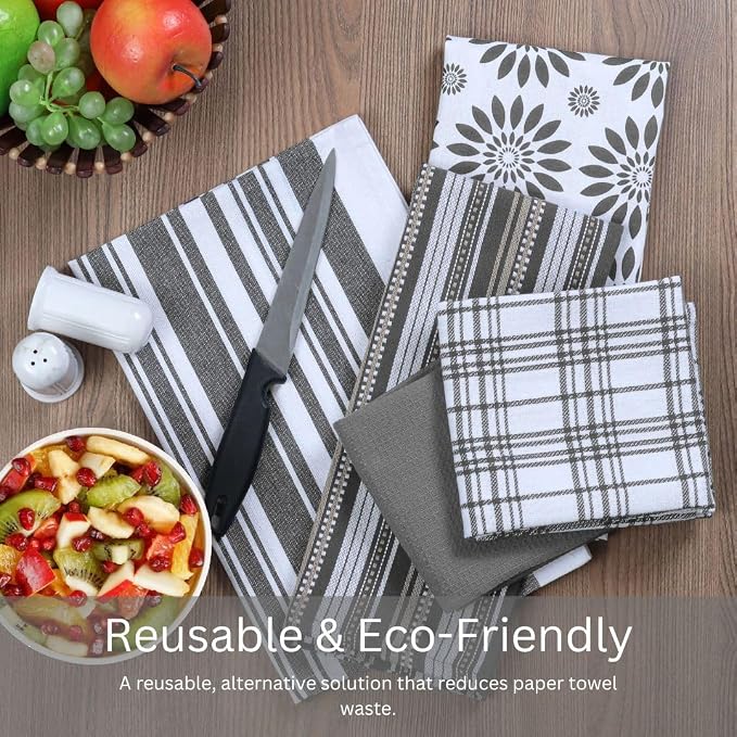 Assorted Kitchen Towels Set of 5-100% Cotton Dish Cloths Towels with Hanging Loop - Soft, Absorbent & Washable for Kitchen Use - Quick Drying Dish Towels 16x26 Inch Grey