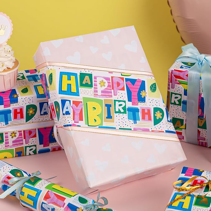 Homeral Reversible Wrapping Paper - Colorful Happy Birthday Letterings & Pink Heart Girly Gift Wrap for, Baby Shower, Party Gift Wrapping - Mini Roll Wrapping Paper - 17in x 33ft