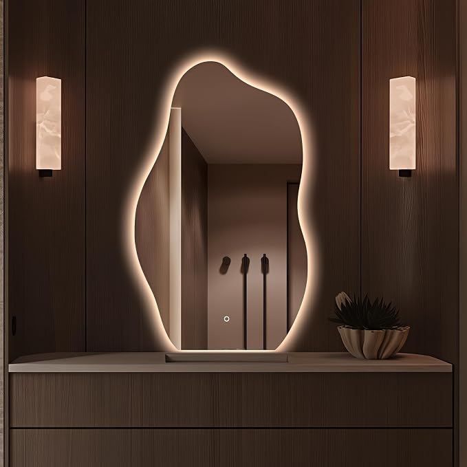 Niccy Irregular LED Bathroom Mirror, 24"x40" Asymmetrical Backlit Vanity Wall Mirrors, Frameless Lighted Mirrors for Bedroom, Living Room, Modern Smart-Mirror with Anti-Fog, Dimmable, Memory Function