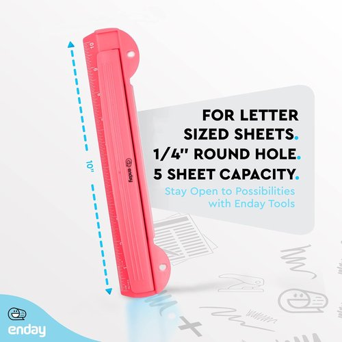 Enday 3-Hole Punch - Portable Binder Puncher with Removable Chip Tray | 3 Sheets Capacity, Pink