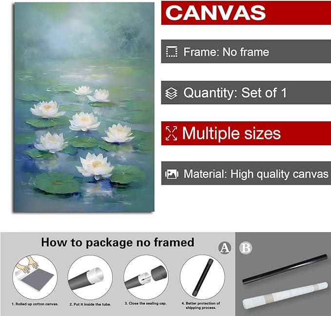 Zen wall art Delicate white lotus flower floating on calm water Vintage oil painting print Serene aquatic wall art creates a tranquil home decor 16x24in Frameless
