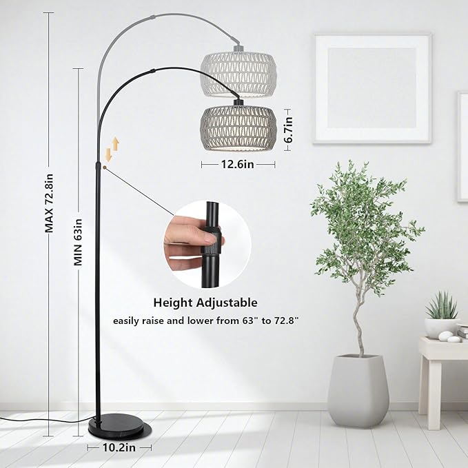 Arc Standing Lamp, Boho Floor Lamps for living room with Remote and LED Dimming Bulb, Rattan Tall Lamp for Bedroom with 3 Color Temperatures, Height Adjustable Farmhouse Stand up Light for Office
