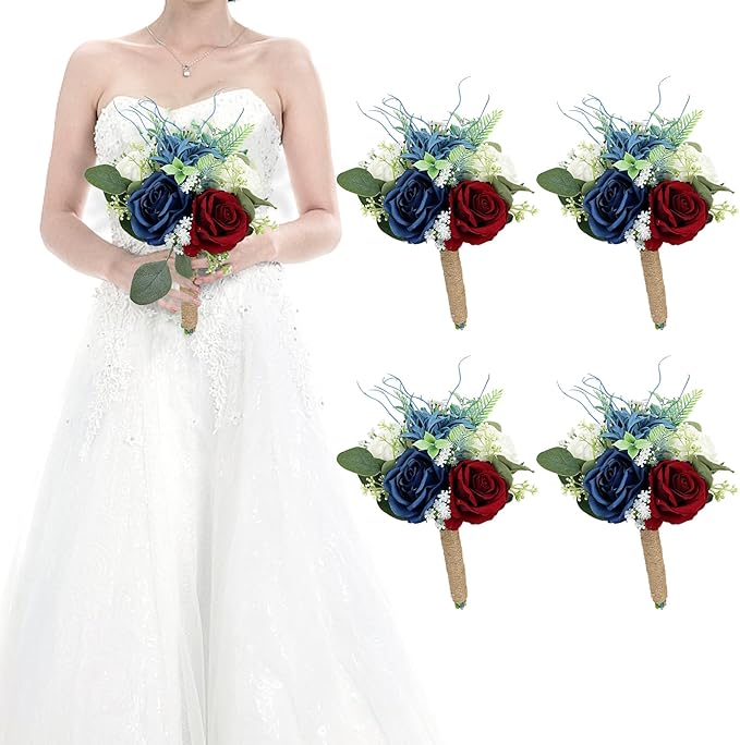 Set of 4 Bridesmaid Bouquets for Wedding - 7 Inch Artificial Flowers Bouquets for Ceremony Anniversary Centerpieces Decorations - Burgundy & Navy Blue & White