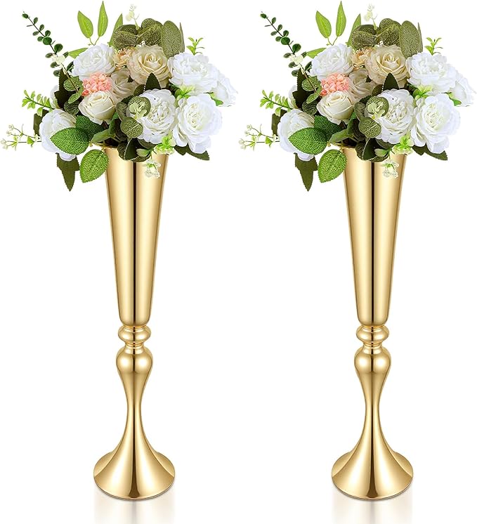 Set of 2 Tall Gold Vases for Centerpieces, 21.9" Metal Trumpet Flower Stand for Wedding Party Dinner Table Decor, Anniversary Celebration Gold Vase Centerpieces for Table