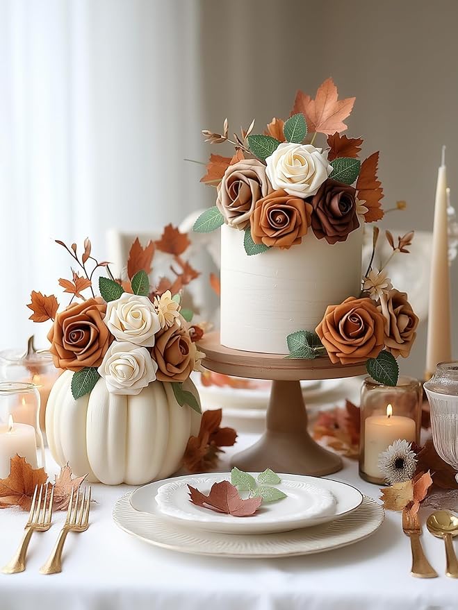 InnoGear Artificial Flowers, 50 Pcs Shades of Earth Tones Foam Fake Roses Bulk with Stems for Autumn Fall Decoration DIY Wedding Bouquets Centerpieces Bridal Shower Party Christmas Tree