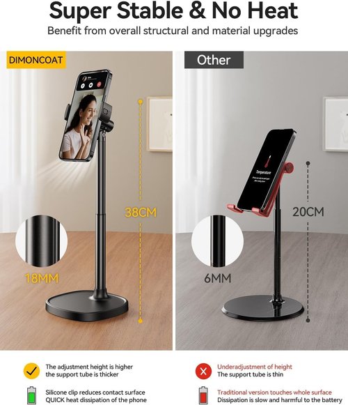 DIMONCOAT Adjustable Phone Stand - Aluminum Alloy Desk Holder for iPhone 17/16/15 Pro Max | Retractable Design