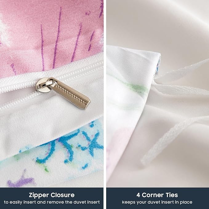 Nayoroom Floral Duvet Cover Set Queen Size Purple Pink Watercolor Flowers Green Plant Leaves Printed on White Comforter Cover 3Pcs Soft Microfiber Garden Style Bedding Set with Zipper Closure