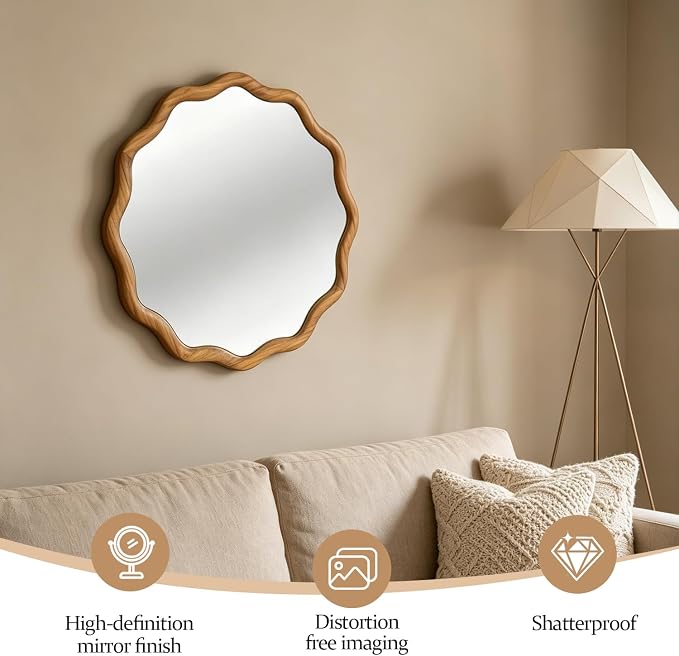 24" Wavy Edge Round Mirror, Solid Wood Framed Wall Decor with Clear Reflection for Bathroom, Bedroom, Living Room & Entryway (Oak)