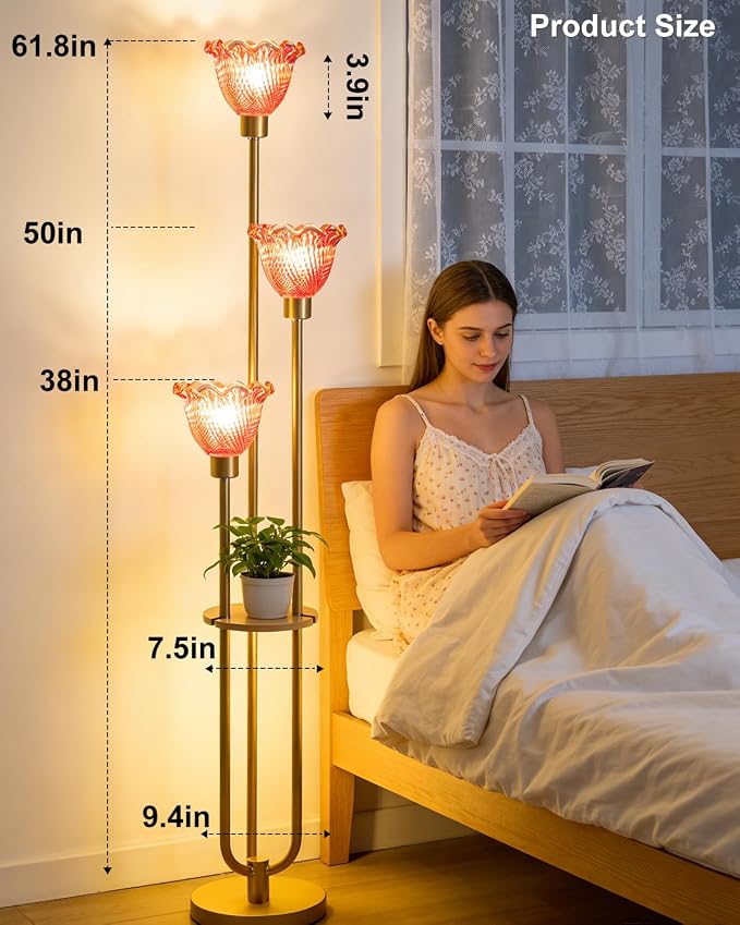 Lightdot Glass Floor Lamp for Living Room Gold Floor Lamp with Rose Red Glass Shade & 3000K Bulbs Included Modern Tall Standing Lamp with 5Lbs Heavy Base for Bedroom/Sofa Beside/Corner Decor