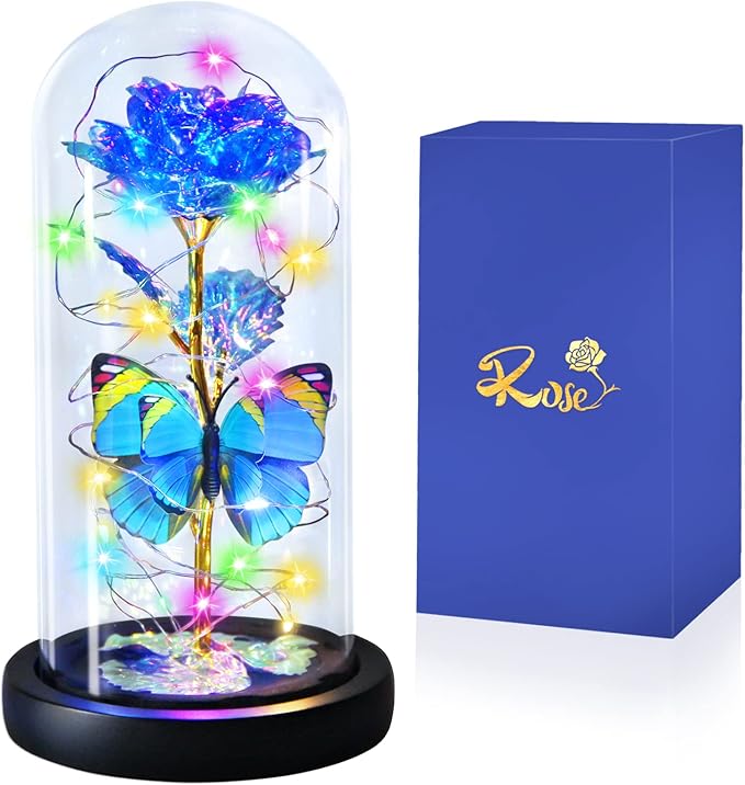 Blue Butterfly Rose Flower Birthday Gifts - Women Gifts for Her Valentines Mothers Day Anniversary Christmas Thanksgiving - Light Up Rose Flower Gifts for Mom Wife Grandma Sister Girlfriend Lady Girl