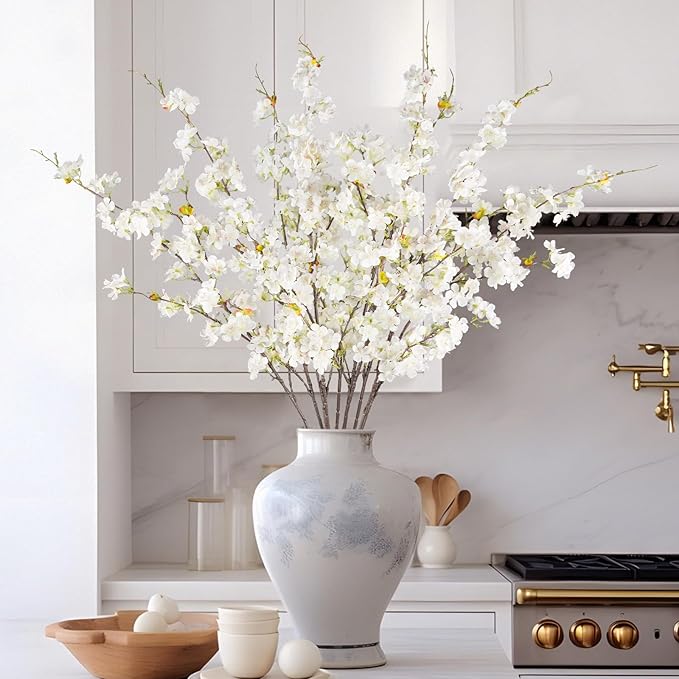 8 Pcs Artificial Cherry Blossom Flowers 40" Faux Silk Cherry Blossom Stems Fake Real Touch Peach Branches for Wedding Home Garden Japanese Decor White