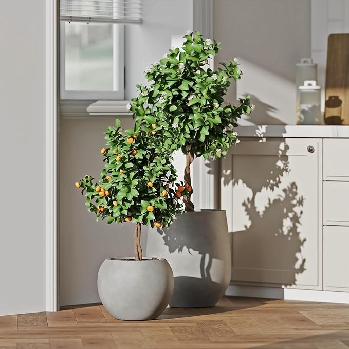 DTY Signature Mount Sherman Modern Indoor Outdoor Fiberstone Sphere Planter, Durable Round Garden Pot, Weather Resistant, Drainage Hole & Rubber Plug, Planter for Christmas Tree - Small, Gray