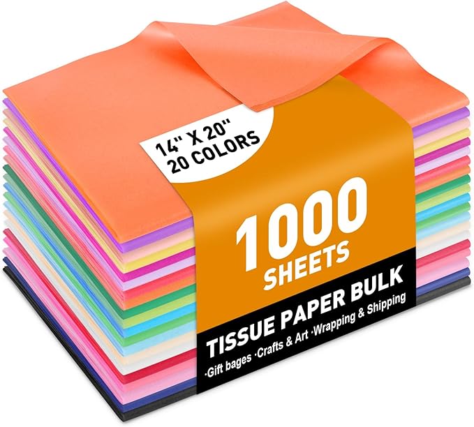 1000 PCS Tissue Paper, 20 Colors 14" X 20" Tissue Papers Bulk for Packaging, Colored Tissue Paper for Gift Bags Crafts Birthday Party Flower Decoration