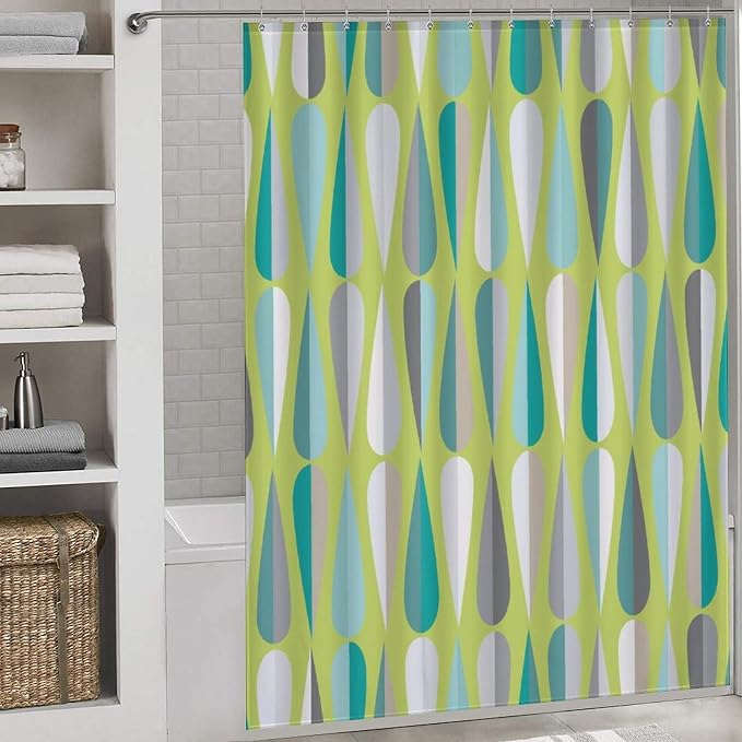 Mid Century Modern Shower Curtain,Abstract Geometric Drop Shapes Art Style Shower Curtains Set for Bathroom Fabric Decorative Bath Curtain Washable Curtain Hooks, 72x72 inch