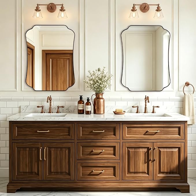 ANDY STAR Bronze Bathroom Mirror 24x32 Inches, Small Ornate Scalloped Wall Mirror with Distinctive Notched Edge Stainless Steel Frame for Hallway, Lounge and Vanity Area