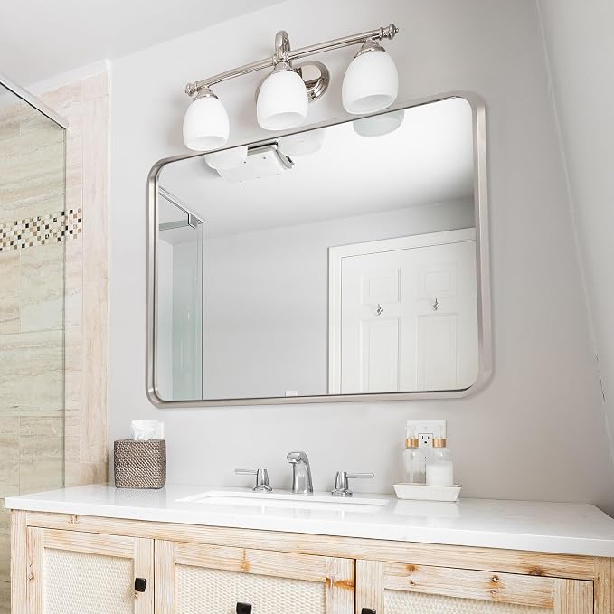 ANDY STAR 40”X30” Chrome Bathroom Mirror, Polished Chrome Bathroom Vanity Mirror, Rounded Rectangle Mirrors for Wall, SUS304 Anti-Rust Tube Metal Frame, Wall Mounted Horizontal/Vertical 1’’ Deep