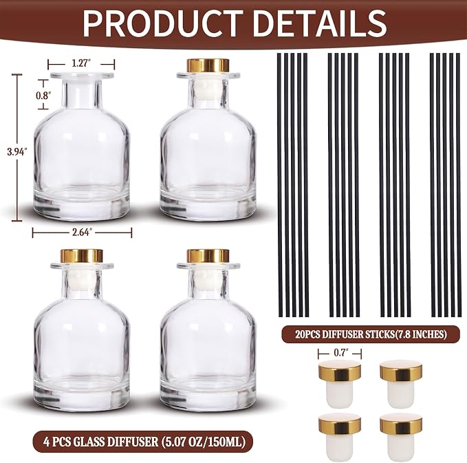 4 Pack Perfume Reed Diffuser Bottle,Empty Big Belly Aromatherapy Essential Oil Bottles Glass Jar with Black Sticks for DIY Fragrance Replacement Diffuser Sets (150ml/ 5 oz, Transparent Color)