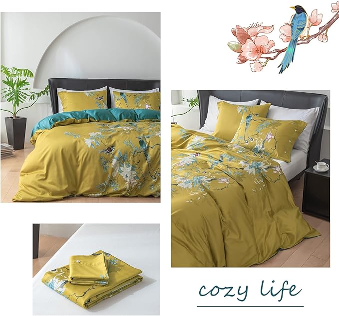 EAVD Cute Birds Duvet Cover Twin XL Cotton Floral Duvet Cover Set Yellow Bedding Set with Garden Tree Branches Flowers Birds Pattern Reversible Design Girls Duvet Coveer with Zipper Closure