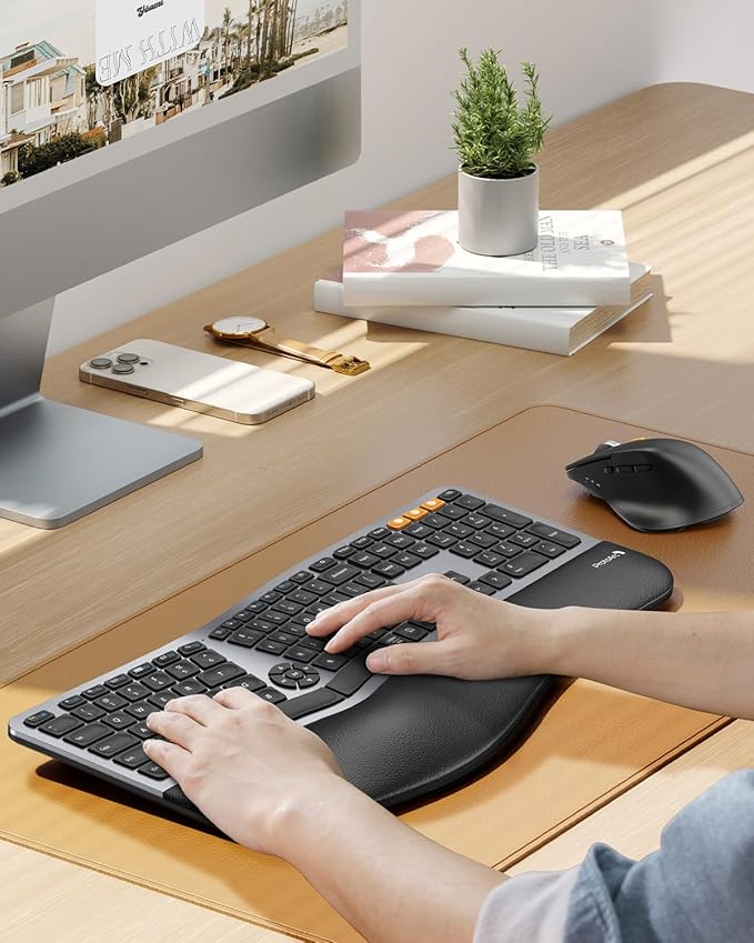 ProtoArc Ergonomic Keyboard Mouse, EKM01 Plus Full Size Wireless Bluetooth Ergo Keyboard Mouse Combo, Cushioned Palm Rest, Split Design, Rechargeable, Compatible for Windows, Mac OS - Gray and Black