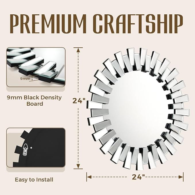 QDSSDECO Round Mirror Sunburst Wall Mirror 24" Beveled Edge Frameless for Living Room Bathroom Bedroom Entryway Decor