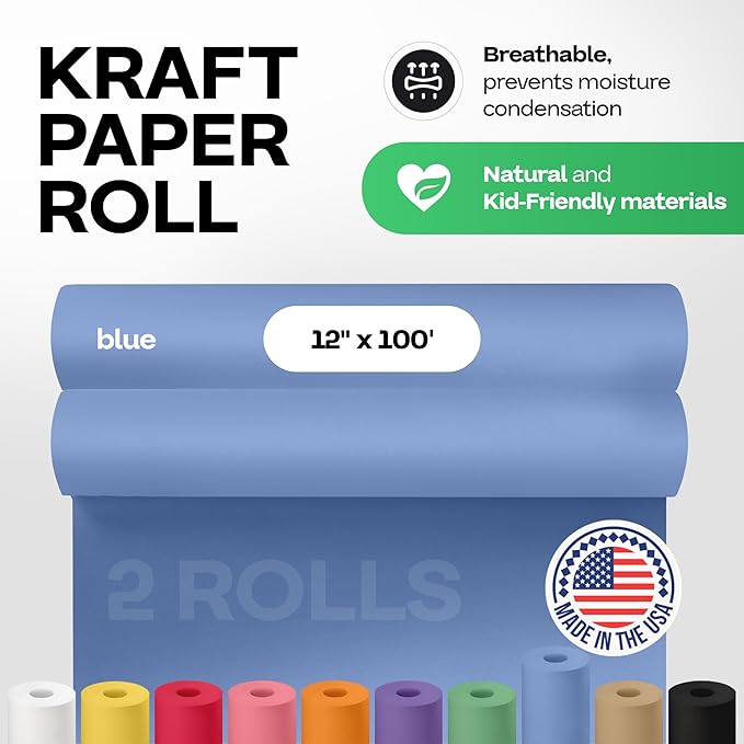 12" x 1200" (100 ft) Blue Kraft Paper Roll, Pack of 2 - USA-Made Quality Craft Paper for Gift Wrapping, Kids' Arts & Crafts, School Projects - 100% Recycled, 50 lb Natural Material by IDL Packaging