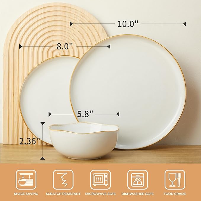 Pokini Dinnerware Set for 4, Ceramic Dish Set, Plate and Bowl Set, Microwave & Dishwasher Safe Dishware Set, Chip & Scratch Resistant Dinner Sets, Irregular Edge Design, White