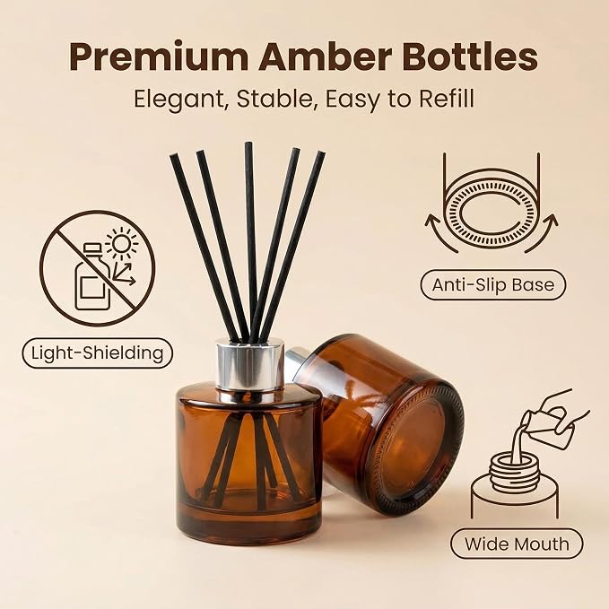 2PCS 50ml/1.6oz Glass Diffuser Bottles, Amber & Brown, Aromatherapy Storage Containers, Fragrance Accessories, DIY Replacement Diffuser Sticks, Home Decor