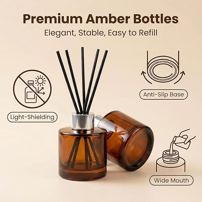 2 Pcs Empty Glass Aromatherapy Diffuser Bottles Essential Oils Containers Flower Bud Vases DIY Replacement Aromatherapy Diffuser Crafts Perfect for Home Fragrance Bathroom Decoration(Amber)