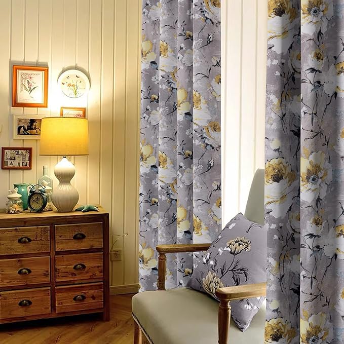 MYSKY HOME Floral Blackout Curtains for Living Room Darkening Thermal Insulated Curtain Vintage Floral Printed, 2 Panels, 52W x 95L Inch, Grey & Yellow
