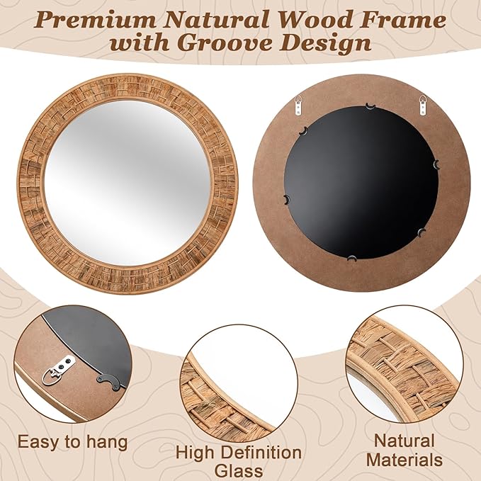 Vercraft 24 Inch Round Rattan Wicker Mirror, Rustic Boho & Farmhouse Style Handmade Woven Frame, Decorative Wall Mirror for Bathroom, Living Room, Bedroom, Entryway, Nursery Decor