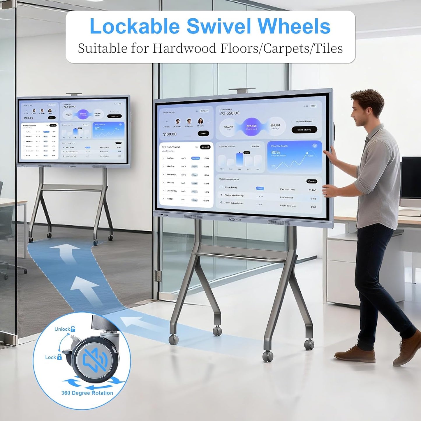 Smart Board Stand - Height Adjustable Mobile Stand for 42"–75" Interactive Whiteboards | Portable with Lockable Wheels