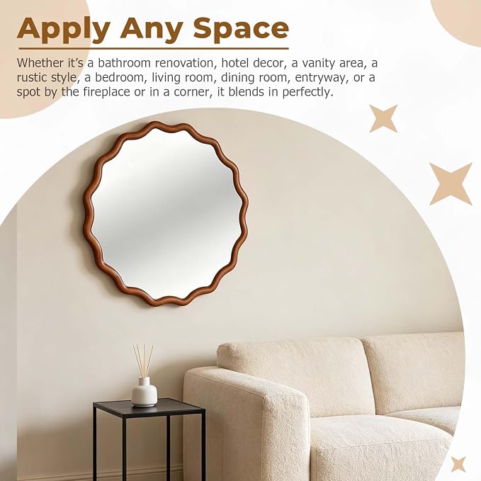 24" Wavy Edge Round Mirror, Solid Wood Framed Wall Decor with Clear Reflection for Bathroom, Bedroom, Living Room & Entryway (Yellowish-Brown)