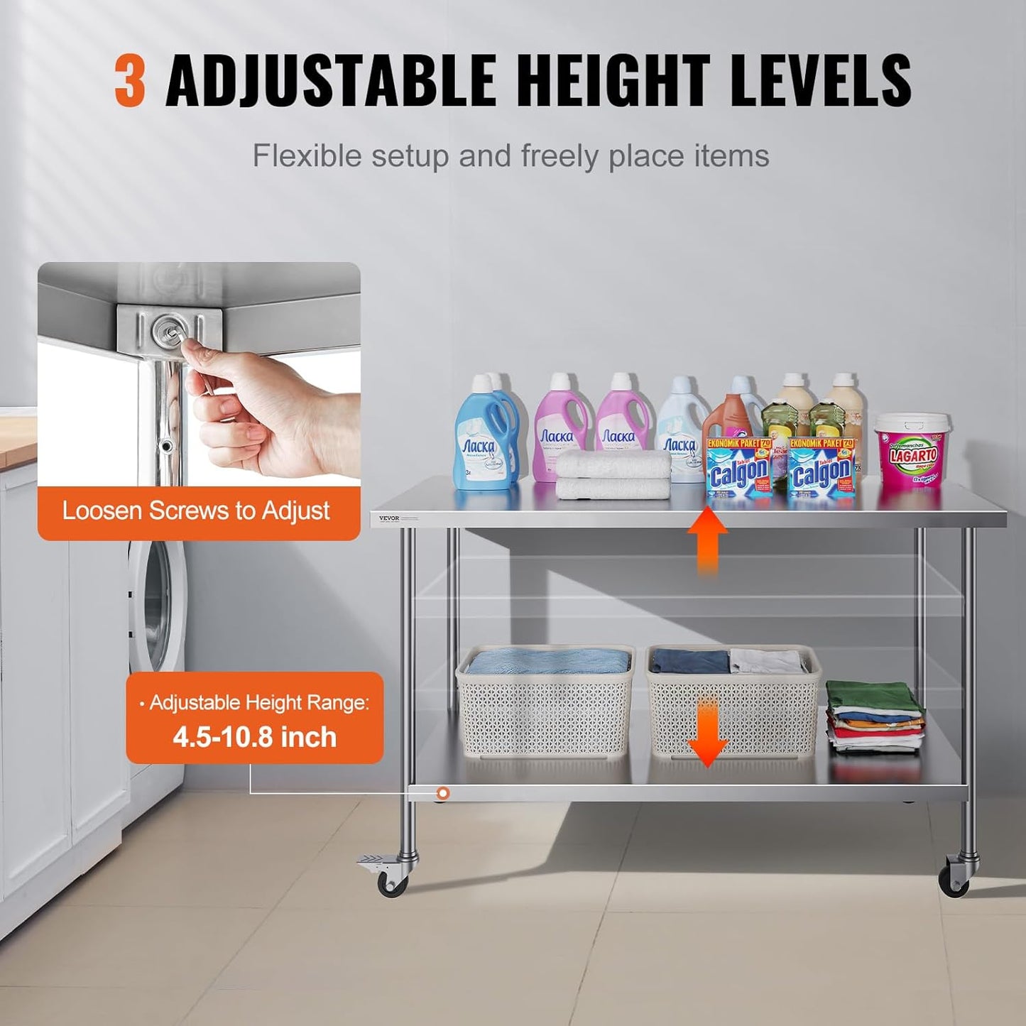 VEVOR Stainless Steel Work Table - Heavy-Duty Food Prep Table with 4 Wheels | 30 x 60 x 38 Inch, Adjustable Height