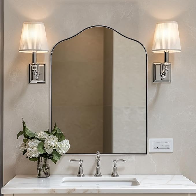 ANDY STAR Scalloped Arched Mirror, 30x40 Polished Chrome Irregular Bathroom Mirror for Vanity, Asymmetrical Curved Top with Rustproof Stainless Steel Frame, for Entryway, Bedroom, Mantel, Fireplace