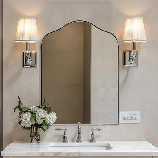 ANDY STAR Scalloped Arched Mirror, 30x40 Polished Chrome Irregular Bathroom Mirror for Vanity, Asymmetrical Curved Top with Rustproof Stainless Steel Frame, for Entryway, Bedroom, Mantel, Fireplace