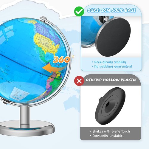 Regine Switzerland Illuminated World Globe - 8" Interactive Globe Lamp for Kids with Stable Metal Base