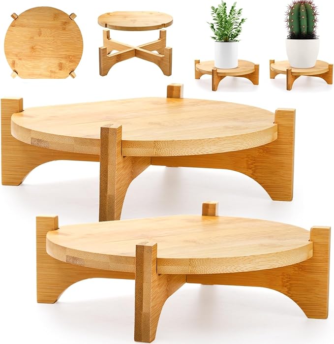 Pumtus 2 Pack Small Plant Stand, Wood Indoor Planter Stand, Bamboo Detachable Flower Pot Holder, Mid Century Potted Plant Rack for Outdoor Garden Home, Fits Up to 8 Inch Planter (Pot Not Included)