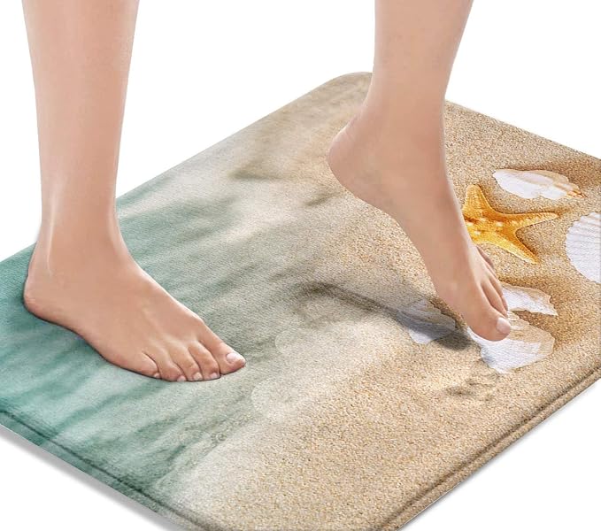 Britimes Bath Mat for Bathroom, Beach Starfish Sea Shell Washable Cover Floor Rug Carpets Floor Mat Bathroom Decorations 20x32 Inches for Kitchen Bedroom Indoor