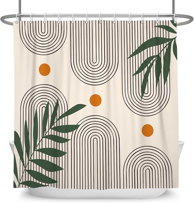 Boho Mid Century Shower Curtain Bohemian Minimalist Geometric Arch Sun Bathroom Curtain Sage Green Plant Polyester Shower Curtain Sets for Bathroom Extra Long 72x78 in with 12 Hooks