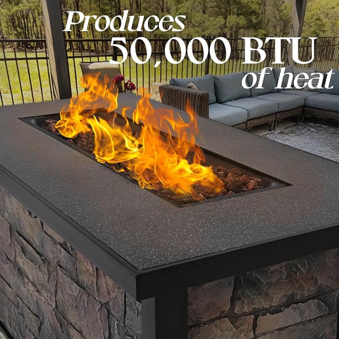 YATEMATE 48" Fire Table with Metal Top, Propane Gas Fire Pit Table, Rectangular Fire Table, 50,000 BTU for Outdoor Use, Including Metal Lid, Lava Rocks & Rain Cover
