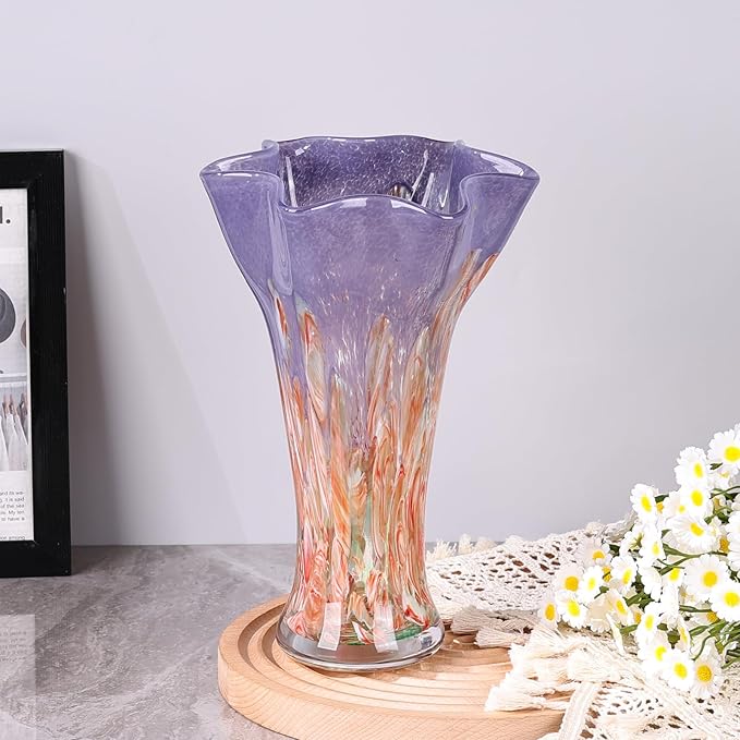 9.0" H Red Glass Vases for Flowers, Hand Blow Glass Vase Red Home Decor, Wide Mouth Blue Flower Vase Centerpieces, for Bookshelf,Dinner Table,Indoor Office Desktop,Meeting Room,Bathroom,Countertop