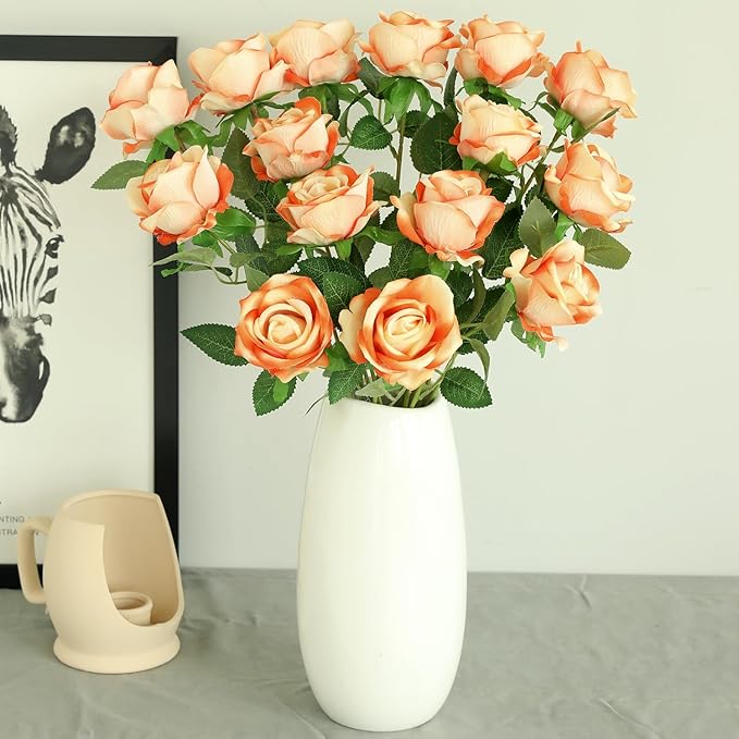 15Pcs Pearl Sunset Red Roses Artificial Flowers Fake Roses Long Stem Velet Rose Silk Flowers for Home Wedding Decoration (Pearl Roses,Sunset Red)
