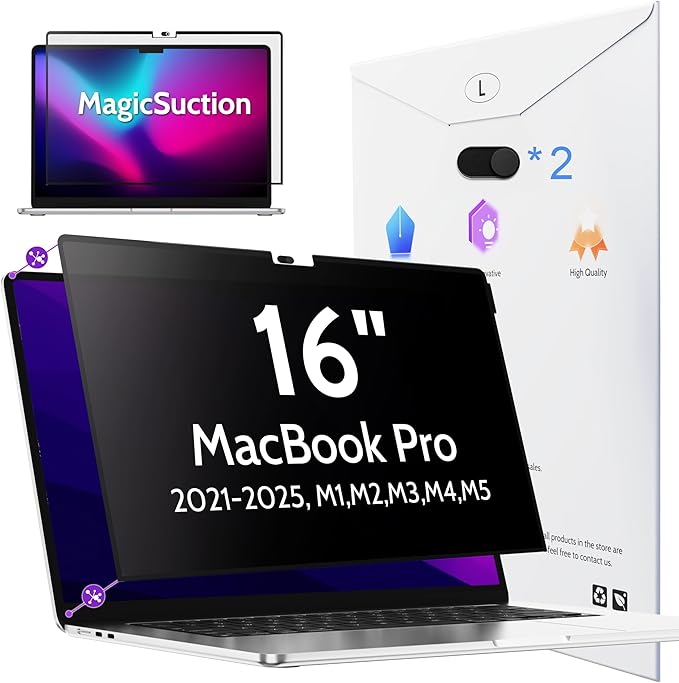 Peslv Privacy Screen for MacBook Pro 16 Inch (2021-2025, M1, M2, M3, M4), MagicSuction™ Removable Anti Spy Black Protector, Glare Blue Light Filter for Mac Laptop Computer