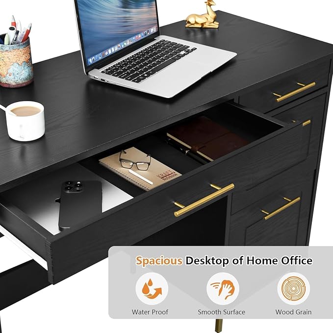 4 EVER WINNER Computer Desk with Drawers, 43 Inch Small Desk with Golden Handle, Home Office Desk with Storage Shelves for Bedroom, Black