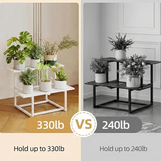 Plant Stand Indoor Outdoor, Foldable Metal Plant Shelf for Multiple Pots, Mid Century Slatted Bench for Patio Garden, Heavy Duty Capacity 330 lbs 2 Tier White