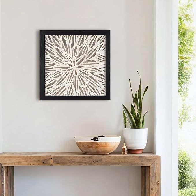 FOLKOR Framed Wall Art Black and White for Rustic Farmhouse Home Decor, 12" Rice Paper Neutral Wall Art Hanging Sculpture, Abstract Floral Artwork for Entryway Fireplace Above Bed Tv Accent