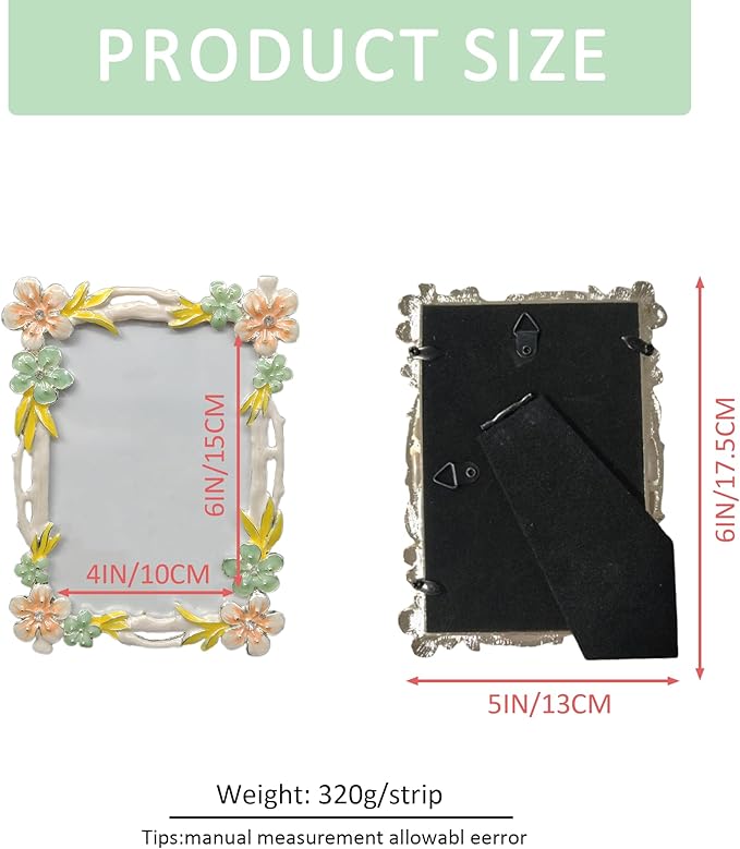 4X6 Wedding Picture Frame with Enamel Finis Glass Front - Ornate Antique Pink and Green Flowers Photo Frame Tabletop/Wall Vintage Display Gifts for Women