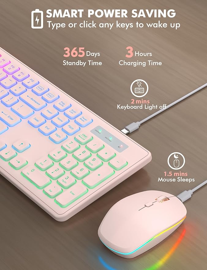 Wireless Keyboard and Mouse Combo, RGB Backlit, Rechargeable & Light Up Letters, Full-Size, Soft Typing, Sleep Mode, 2.4GHz Quiet Keyboard Set for Mac, Windows, Laptop, PC, Trueque (Pink)