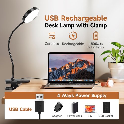 Mubarek Clip-On Lamp - 5 Brightness Levels & 5 Color Options | 200LM LED Reading Light with Rechargeable Battery