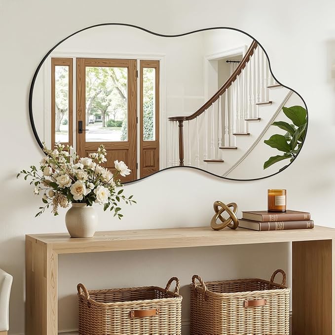 Irregular Wall Mirror, 26"x48" Asymmetrical Mirror with Metal Frame, Modern Unique Decorative Mirrors for Bathroom, Wall Decor, Entryway, Living Room, Black